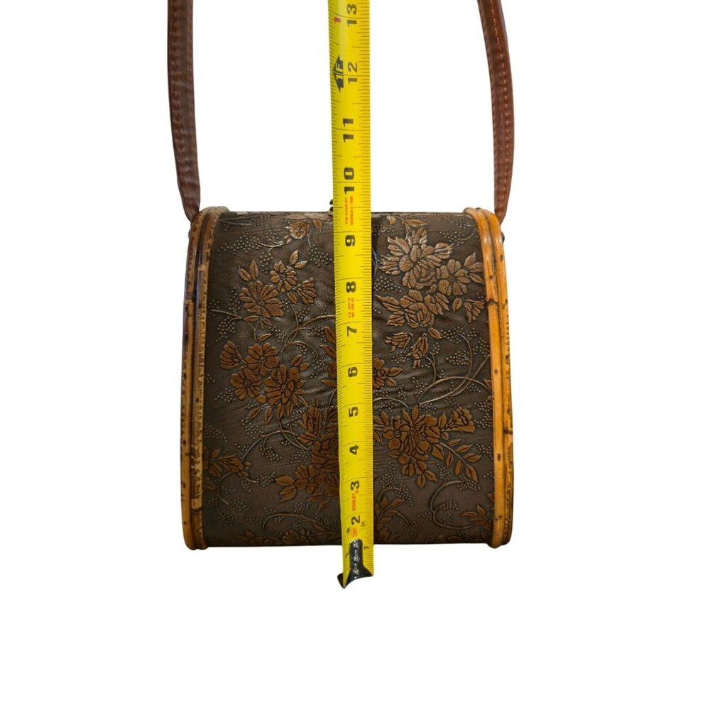 Vintage wood & bamboo basket handbag purse embossed Floral Latch Closure retro - Picture 10 of 12